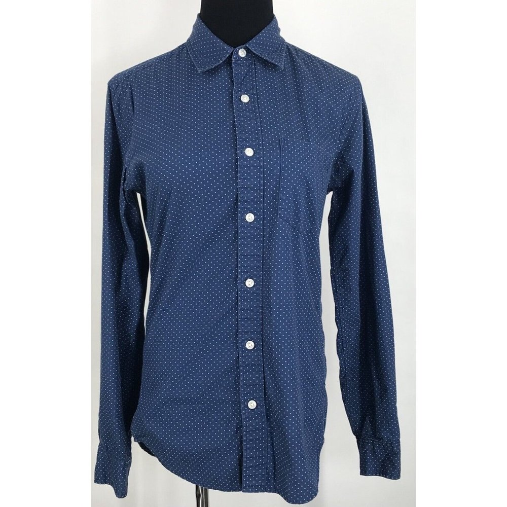 J Crew Shirt Womens XS Slim Blouse Button Blue White Polkadot Collared